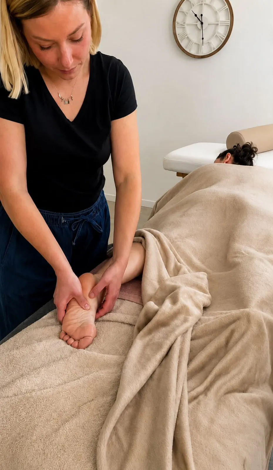 Maeva pendant un massage ayurvédique Abhyanga — le rituel commence par les pieds